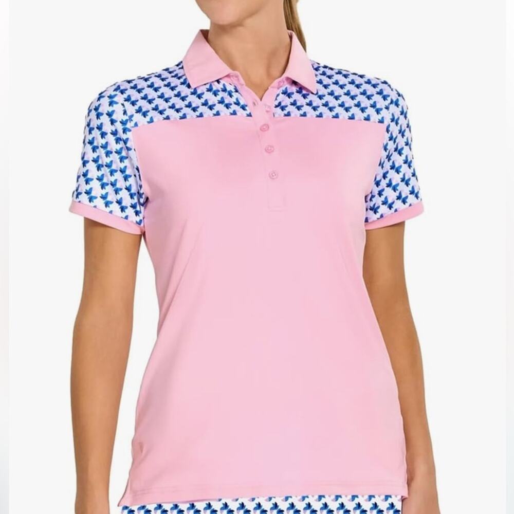 Pink Short-Sleeve Polo Top with Blue Patterned Yoke